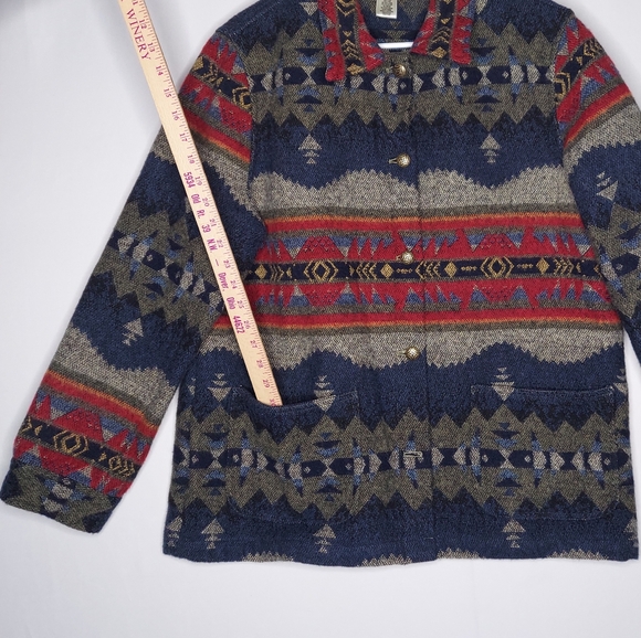 90s David Brooks Aztec Multicolor Wool Blend Jacket Women Large Button Collar - Picture 4 of 8